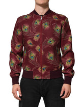 Dolce & Gabbana Maroon Peacock Feather Print Bomber Jacket